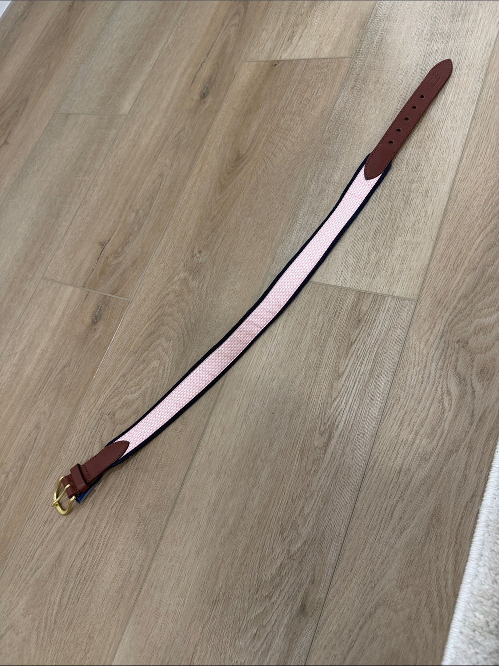 Vineyard Vines Pink Woven Belt with Brown Leather Trim